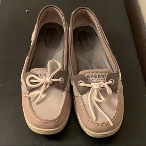 Light grey Sperry top-sider.